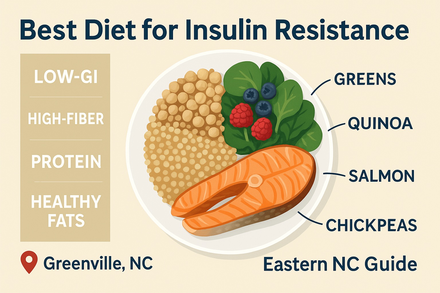 best diet for insulin resistance, low GI diet, Mediterranean diet, insulin resistance meal plan, high fiber foods, protein for insulin resistance, healthy fats, Greenville NC nutrition, Eastern North Carolina, 150 minutes per week, strength training, sleep and insulin sensitivity, prediabetes diet, blood sugar friendly meals, low glycemic foods,