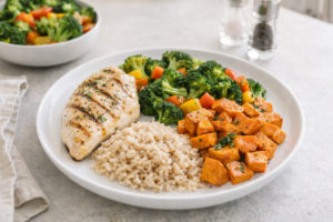 Balanced fat loss meal plate with grilled chicken or fish, roasted vegetables, and a high-fiber carb like sweet potato or brown rice in natural light.