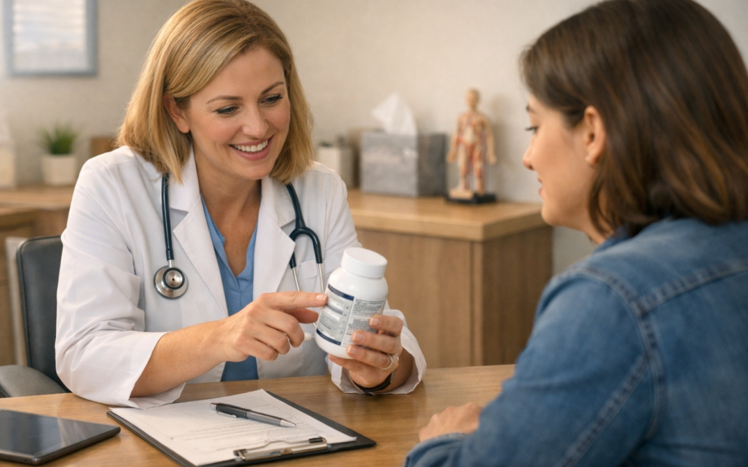 Friendly clinician reviews a weight loss supplement label with a patient in a modern Greenville, NC medical office.