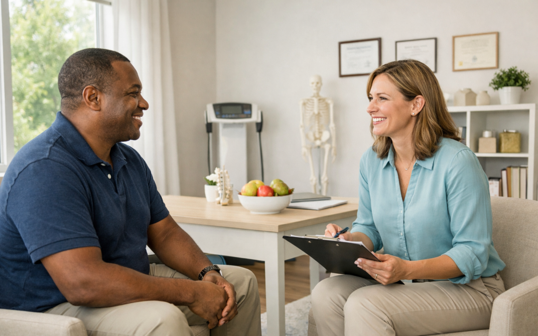 Friendly weight loss consultation in a modern Greenville, NC clinic with a diverse adult client speaking to a professional health coach.