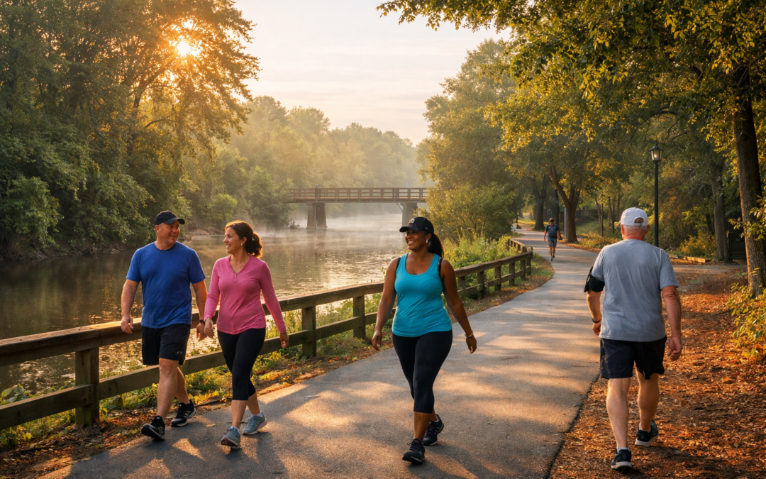 Brisk walkers on a paved riverfront greenway in Greenville, North Carolina during early morning sunlight, best exercise for weight loss