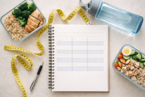 Notebook and measuring tape with wellness items representing a comparison of weight loss medication options and habits.