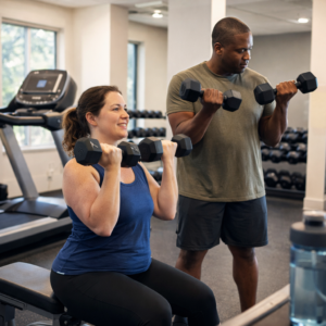 Beginner doing dumbbell strength training next to a treadmill in a clean gym, showing a balanced weight loss workout.
