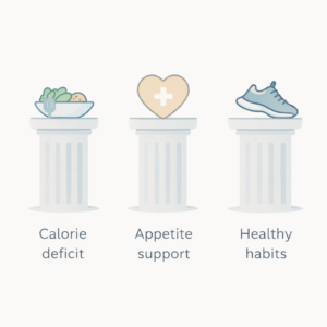 Simple visual showing calorie deficit, appetite support, and healthy habits working together for sustainable weight loss.