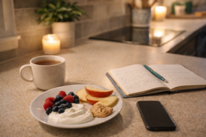 Calming evening kitchen routine for a weight loss plateau, featuring Greek yogurt with berries, apple slices with peanut butter, herbal tea, a phone face down, and an open journal under cozy lighting.