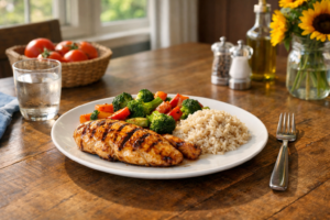 Balanced plate example for sustainable fat loss in Greenville NC, calorie deficit for weight loss