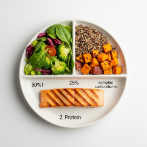 Balanced plate method showing protein vegetables and smart carbs for healthy weight loss