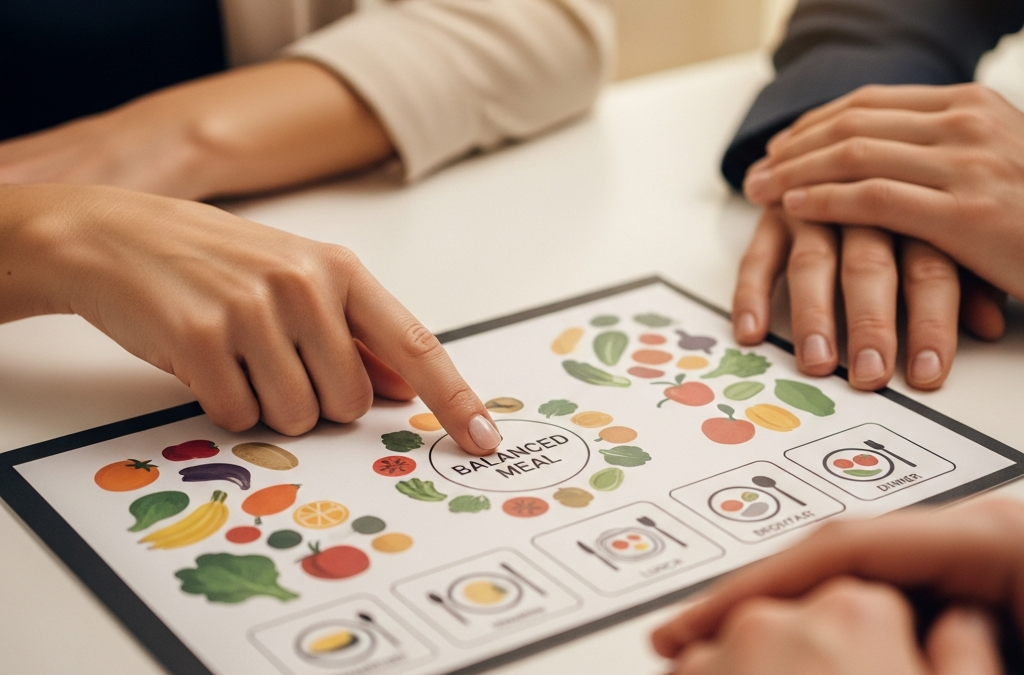 Weight loss programs coach reviewing a simple meal plan with a client in Greenville NC, Weight loss consultation in Greenville, NC with coaching and progress tracking support