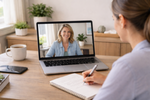 Virtual coaching session for a weight loss plateau, with a smiling coach on a laptop screen while a client takes notes at a desk in a calm, professional setting.